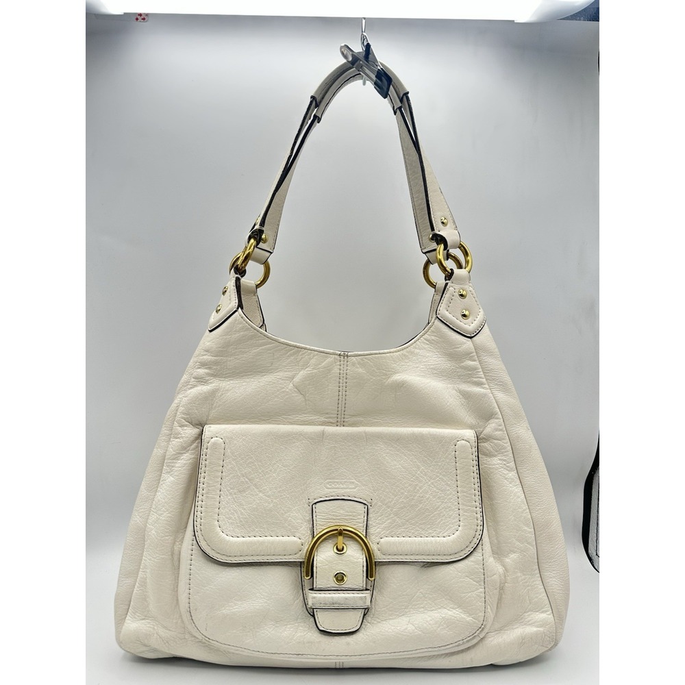 Coach Campbell Triple Entry Hobo Bag Ivory White Leather Gold Buckle Hardware